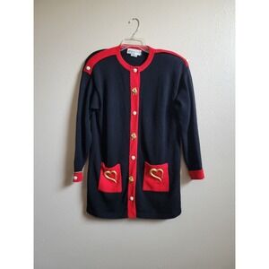 Vintage Rich and Levy Cardigan Sweater Womens Black&Red Gold Pearl Buttons Sz L